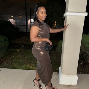 Norma Kamali Shimmering Brown Midi Dress